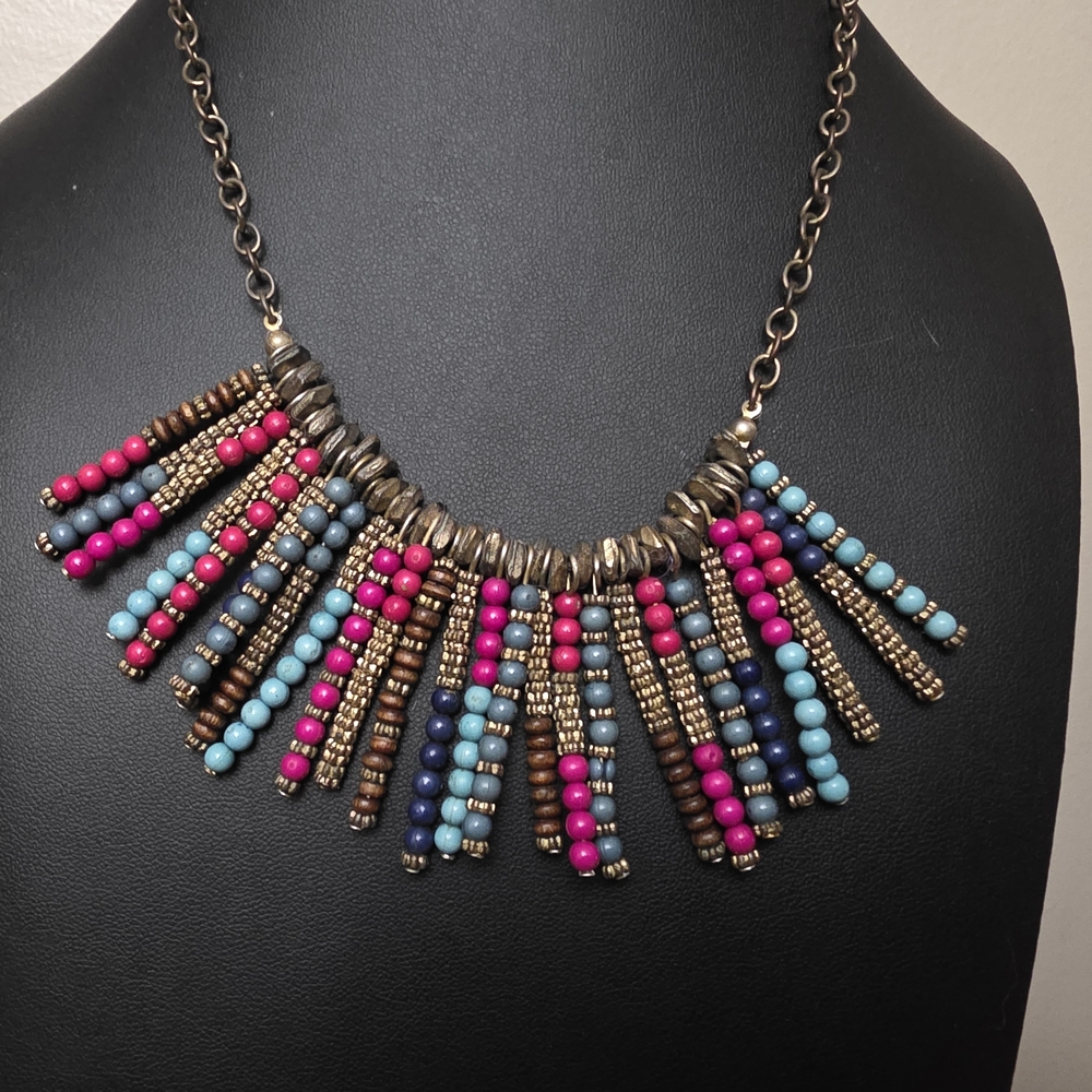 Multicolor Beaded Necklace. Frjnge Antique Chain. - Picture 3 of 9